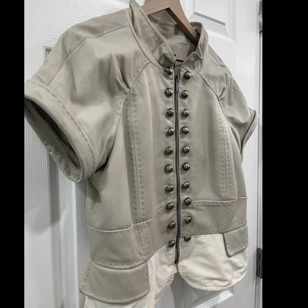 BCBGMaxAzria Light Gray Leather Military-Style Short Sleeve Jacket